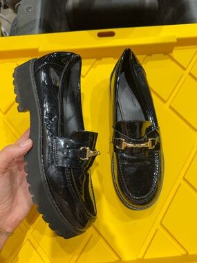 Princess Polly Black Patent Leather Womens Loafer with Gold Bit Hardware